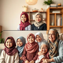 A beautiful timeline visual showcasing a girl wearing a hijab at various ages, from childhood to old age