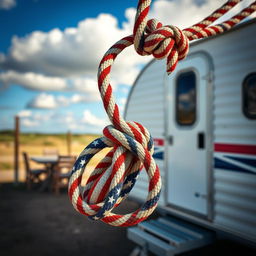 A noose made of rope attached to a caravan, designed with the American flag pattern