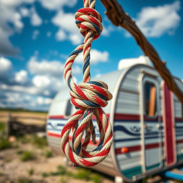 A noose made of rope attached to a caravan, designed with the American flag pattern