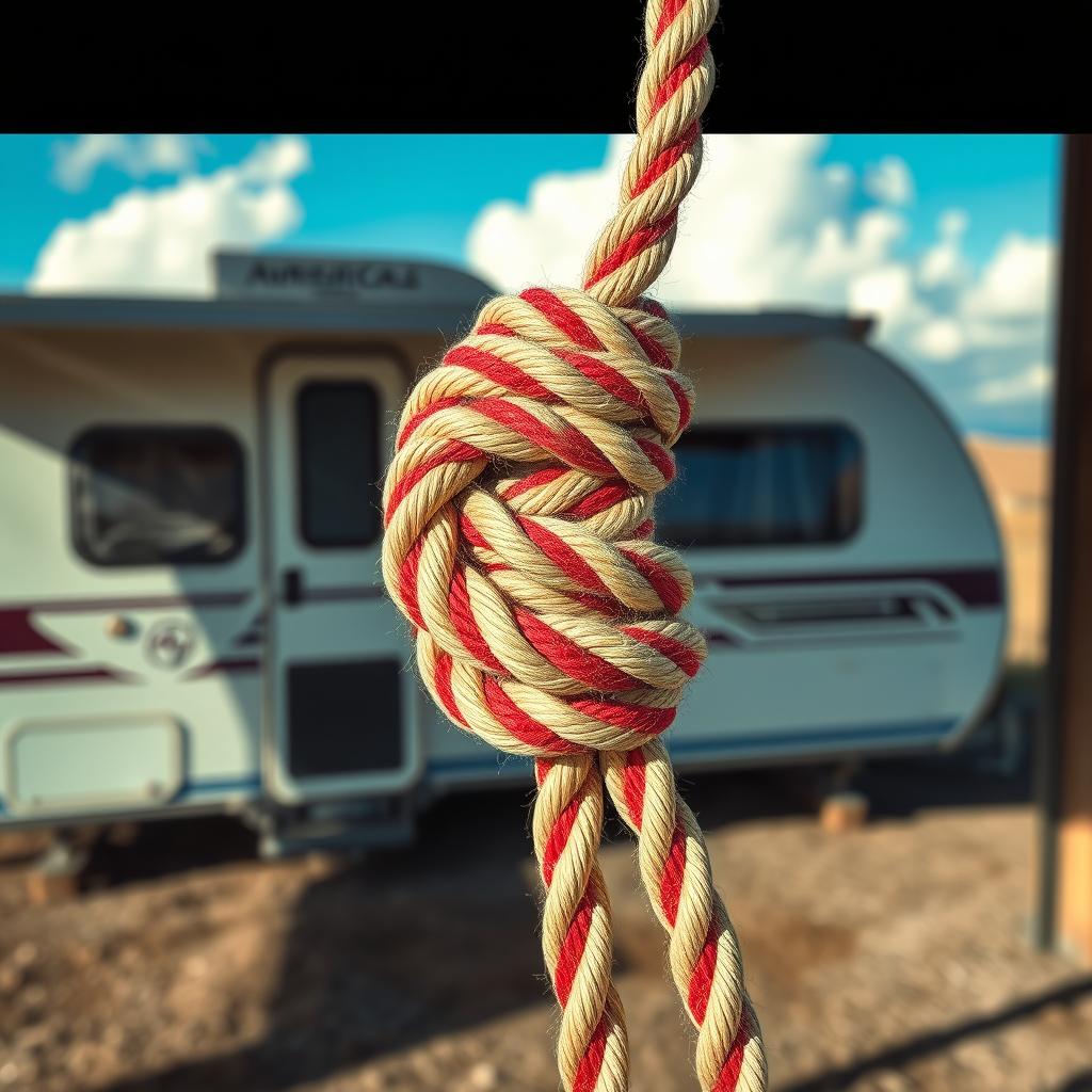 A noose made of rope attached to a caravan, designed with the American flag pattern
