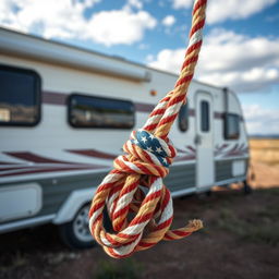 A noose made of rope attached to a caravan, designed with the American flag pattern