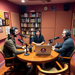 A cozy podcast recording studio filled with vibrant decorations