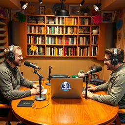 A cozy podcast recording studio filled with vibrant decorations