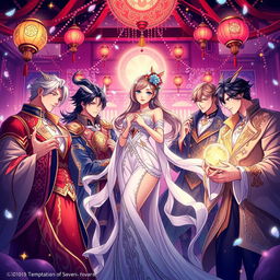 A captivating cover illustration inspired by 'Temptation of Seven', featuring a beautiful young woman elegantly encircled by a group of charming men, each one embodying passion and allure