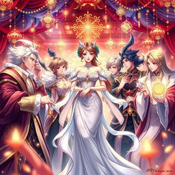 A captivating cover illustration inspired by 'Temptation of Seven', featuring a beautiful young woman elegantly encircled by a group of charming men, each one embodying passion and allure