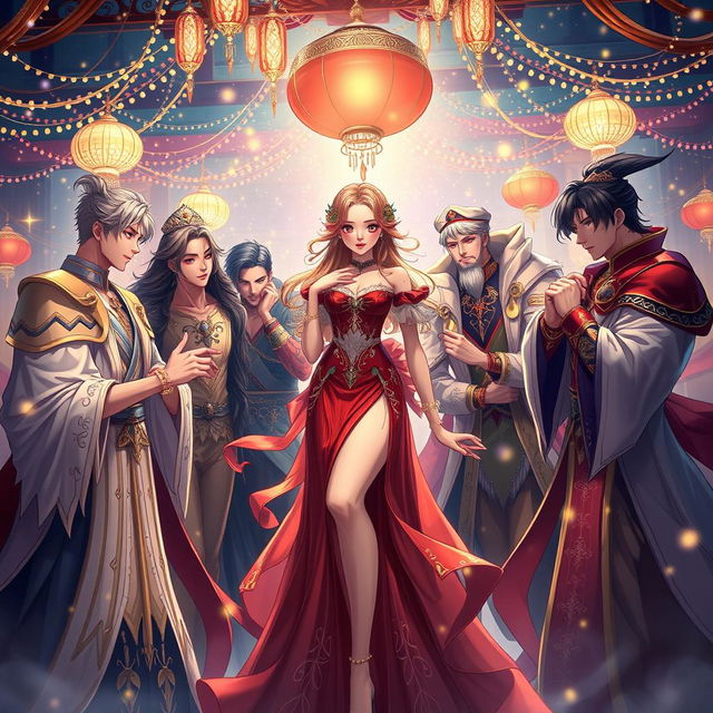 A captivating cover illustration inspired by 'Temptation of Seven', featuring a beautiful young woman elegantly encircled by a group of charming men, each one embodying passion and allure