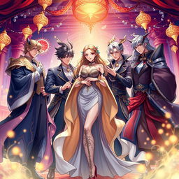 A captivating cover illustration inspired by 'Temptation of Seven', featuring a beautiful young woman elegantly encircled by a group of charming men, each one embodying passion and allure