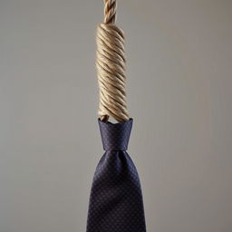 A noose made from a rope, intricately tied with a stylish necktie, set against a simple, neutral background