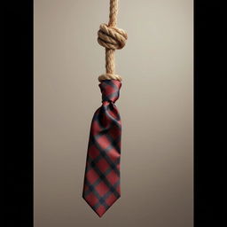 A noose made from a rope, intricately tied with a stylish necktie, set against a simple, neutral background