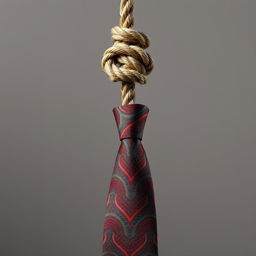 A noose made from a rope, intricately tied with a stylish necktie, set against a simple, neutral background