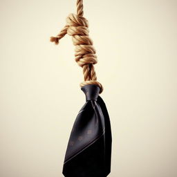 A noose made from a rope, intricately tied with a stylish necktie, set against a simple, neutral background