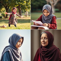 A series of images capturing the life of a girl wearing a hijab, depicting her journey from childhood to old age
