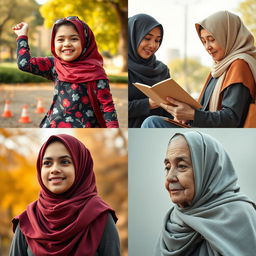 A series of images capturing the life of a girl wearing a hijab, depicting her journey from childhood to old age