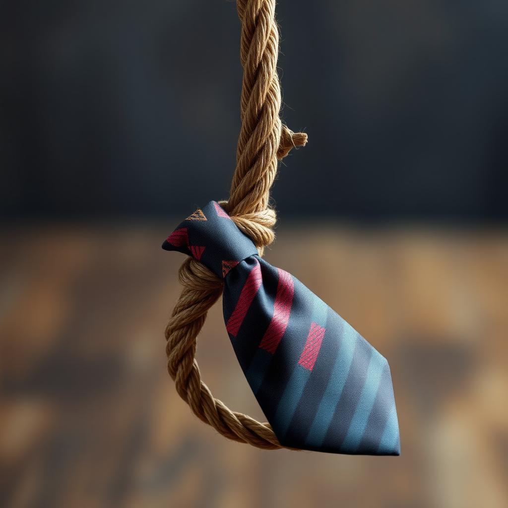 A noose made from a richly textured rope, elegantly adorned with a vibrant necktie tied around it