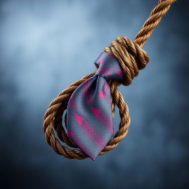 A noose made from a richly textured rope, elegantly adorned with a vibrant necktie tied around it