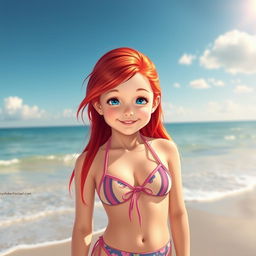 A beautiful girl with vibrant red hair, wearing a stylish bikini, standing confidently on a sandy beach