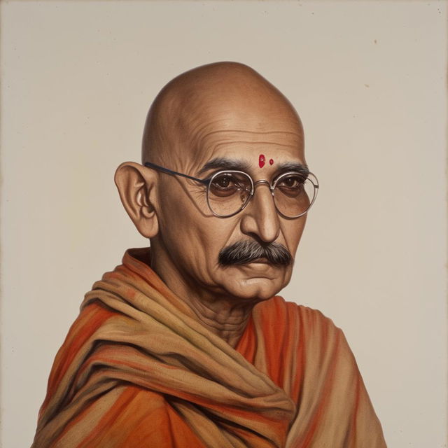 A realistic portrait of Mahatma Gandhi in his traditional attire, prominently featuring his walking stick.