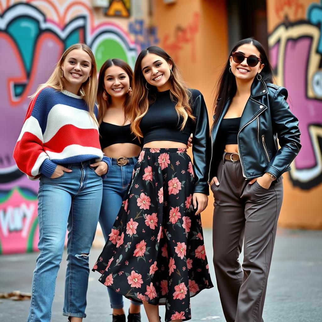 A fashionable group of young women standing together, showcasing a variety of trendy outfits