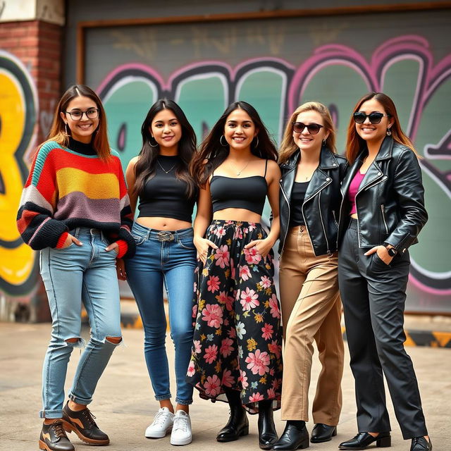 A fashionable group of young women standing together, showcasing a variety of trendy outfits