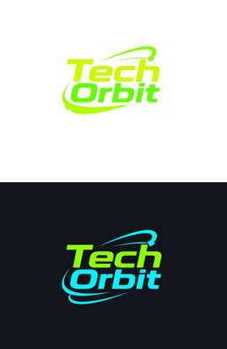A sleek and modern logo design for 'TechOrbit', blending a strict and bright aesthetic
