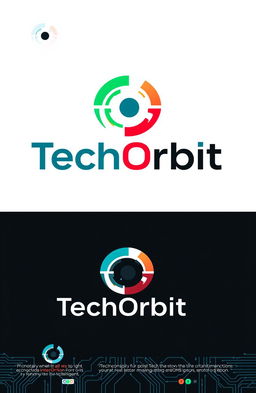 A sleek and modern logo design for 'TechOrbit', blending a strict and bright aesthetic