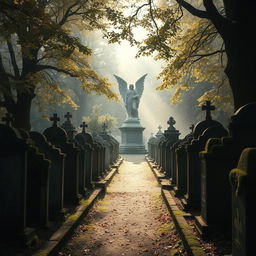 A serene and atmospheric view of an old cemetery filled with intricate, weathered gravestones covered in moss