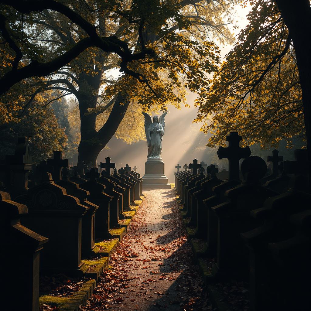 A serene and atmospheric view of an old cemetery filled with intricate, weathered gravestones covered in moss