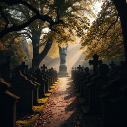 A serene and atmospheric view of an old cemetery filled with intricate, weathered gravestones covered in moss