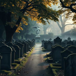 A serene and atmospheric view of an old cemetery filled with intricate, weathered gravestones covered in moss
