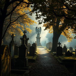 A serene and atmospheric view of an old cemetery filled with intricate, weathered gravestones covered in moss