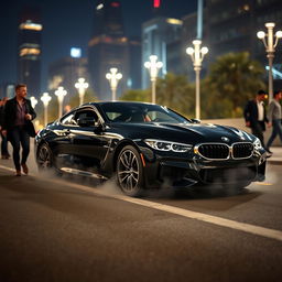 A sleek black BMW sports car parked under the soft glow of urban city lights at night, showcasing its elegant curves and modern design