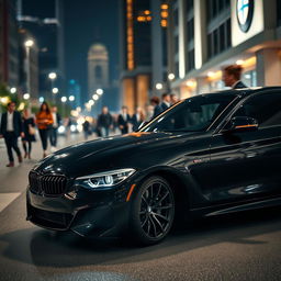 A sleek black BMW sports car parked under the soft glow of urban city lights at night, showcasing its elegant curves and modern design