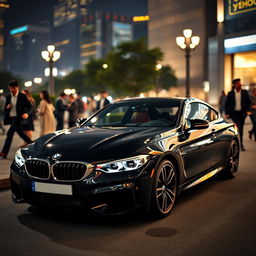 A sleek black BMW sports car parked under the soft glow of urban city lights at night, showcasing its elegant curves and modern design