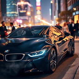 A sleek black BMW sports car parked under the soft glow of urban city lights at night, showcasing its elegant curves and modern design