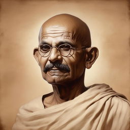 A realistic portrait of Mahatma Gandhi in his traditional attire, prominently featuring his walking stick.