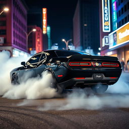 A powerful black Dodge Challenger performing a dramatic burnout on a city street at night, with smoke billowing from the rear tires and vivid streetlights reflecting off the car's glossy finish