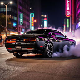 A powerful black Dodge Challenger performing a dramatic burnout on a city street at night, with smoke billowing from the rear tires and vivid streetlights reflecting off the car's glossy finish