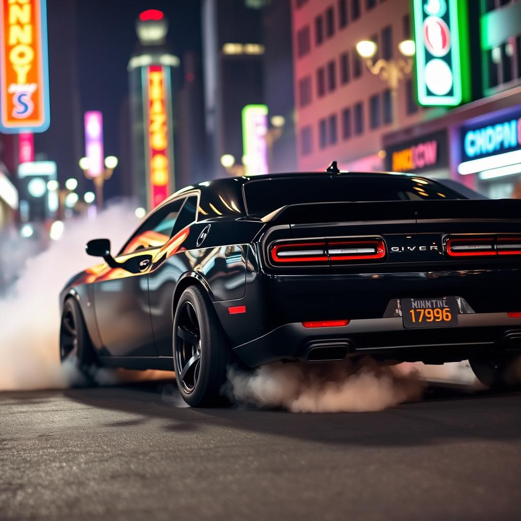 A powerful black Dodge Challenger performing a dramatic burnout on a city street at night, with smoke billowing from the rear tires and vivid streetlights reflecting off the car's glossy finish