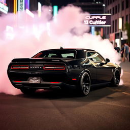 A powerful black Dodge Challenger performing a dramatic burnout on a city street at night, with smoke billowing from the rear tires and vivid streetlights reflecting off the car's glossy finish