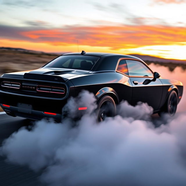 A striking image of a black Dodge Challenger performing a burnout, with thick clouds of smoke billowing from the rear tires, capturing the intense moment of acceleration and power