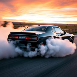 A striking image of a black Dodge Challenger performing a burnout, with thick clouds of smoke billowing from the rear tires, capturing the intense moment of acceleration and power