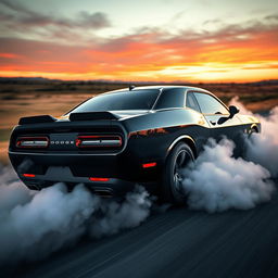 A striking image of a black Dodge Challenger performing a burnout, with thick clouds of smoke billowing from the rear tires, capturing the intense moment of acceleration and power