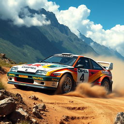 An Opel Calibra rally car racing through a rugged off-road terrain