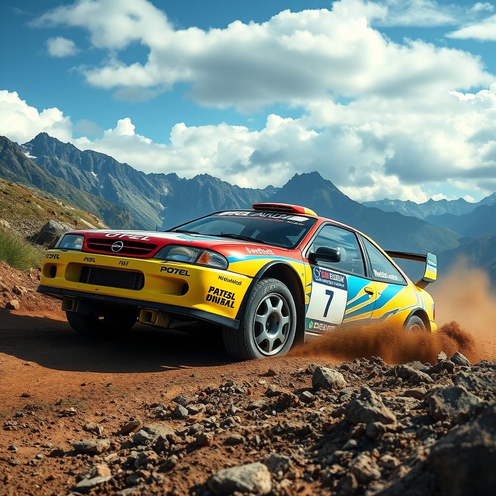 An Opel Calibra rally car racing through a rugged off-road terrain