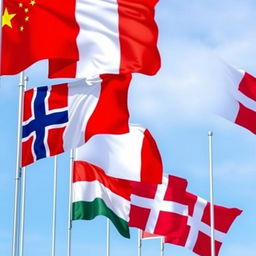 A harmonious display of flags from China, Canada, Italy, Norway, Yemen, Denmark, and France arranged side by side in a vibrant composition