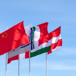 A harmonious display of flags from China, Canada, Italy, Norway, Yemen, Denmark, and France arranged side by side in a vibrant composition