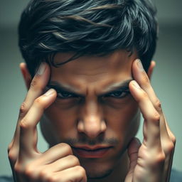 A close-up portrait of a person with two fingers placed thoughtfully on their forehead, conveying a sense of contemplation or deep thought