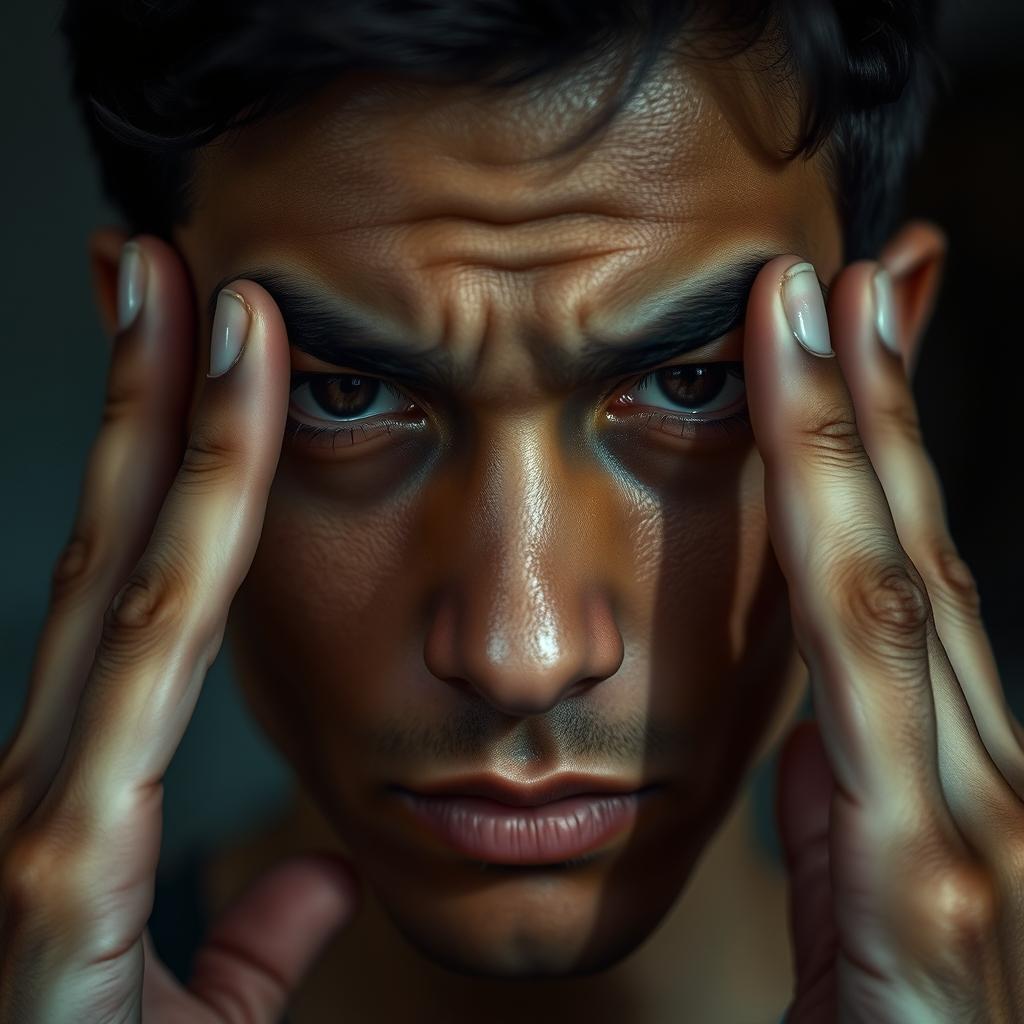 A close-up portrait of a person with two fingers placed thoughtfully on their forehead, conveying a sense of contemplation or deep thought