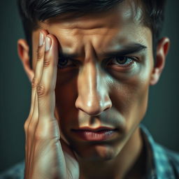 A close-up portrait of a person with two fingers placed thoughtfully on their forehead, conveying a sense of contemplation or deep thought