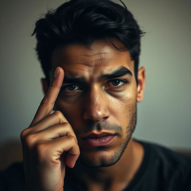 A close-up portrait of a person with two fingers placed thoughtfully on their forehead, conveying a sense of contemplation or deep thought